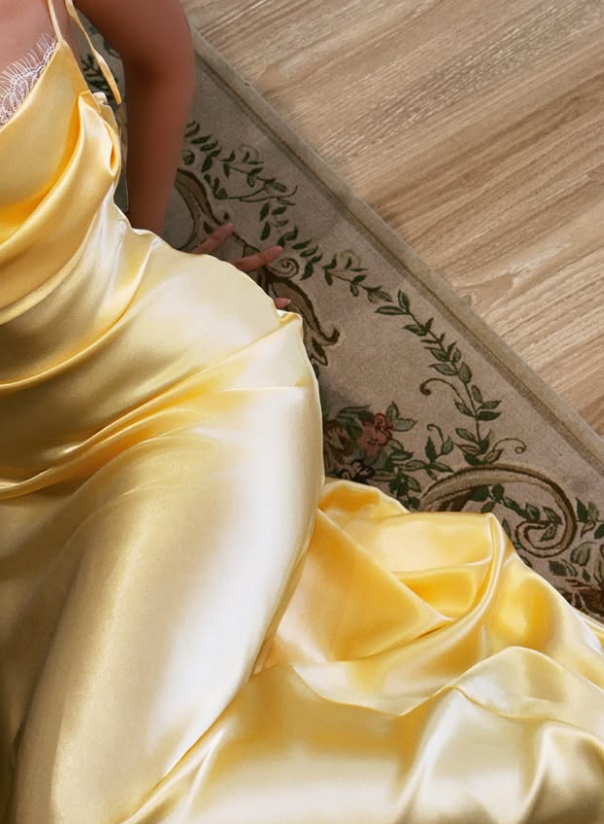 Yellow A Line Spaghetti Strap Lace Satin Prom Dress Evening Dress SH8784