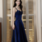 Elegant Navy Blue A Line Straps Satin Wedding Guest Dress Prom Dress SH5222