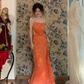 Vintage Orange Sheath Spaghetti Strap Beaded Chiffon Prom Dress 16th Birthday Dress SH4404