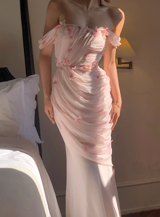 Light Pink Mermaid Off the Shoulder Butterfly Tulle Long Prom Dress Party Dress SH4037