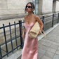 Simple Pink A Line Spaghetti Strap Satin Open Back Prom Dress Wedding Guest Dress SH4447