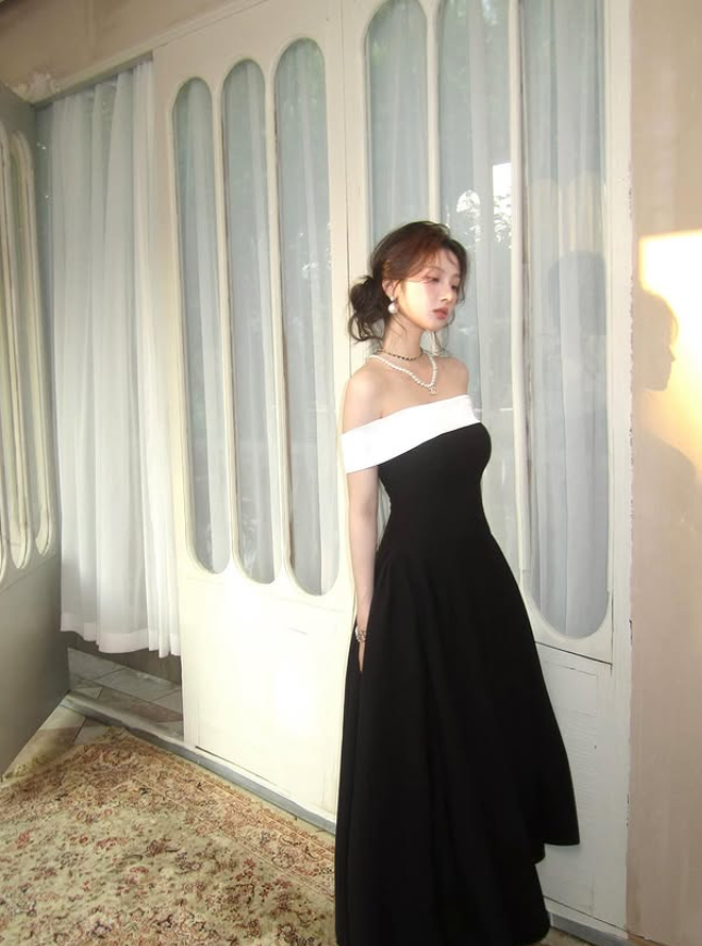 Classic Black-white A Line Strapless Satin Wedding Guest Dress Prom Dress SH5221