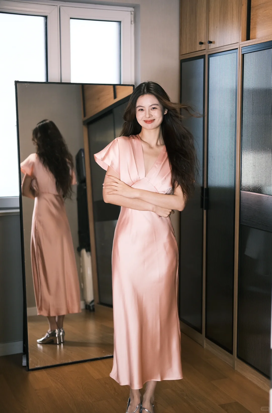 Gentle Light Pink Sheath V Neck Satin Prom Dress Formal Gown Party Dress SH4185