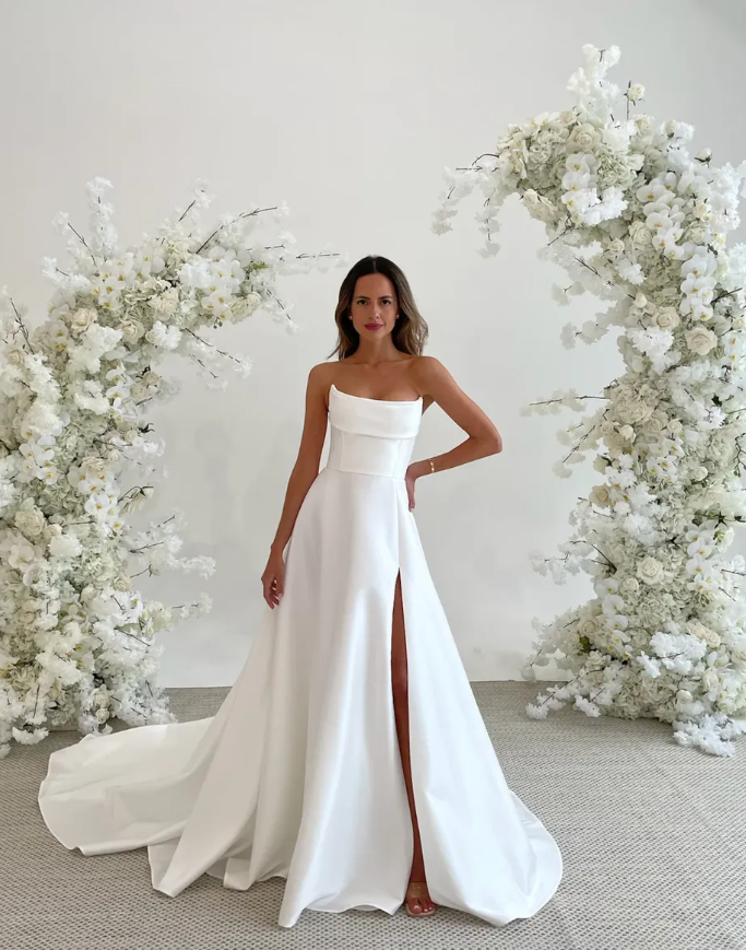 High-class Simple A Line Strapless White Satin Slit Long Wedding Dress SH7356