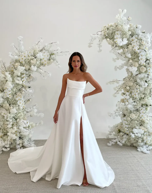 High-class Simple A Line Strapless White Satin Slit Long Wedding Dress SH7356