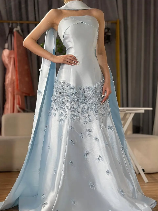 Blue Sky A Line Strapless Appliques Satin Long Prom Dress Evening Dress SH1894