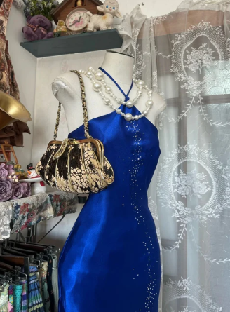 Vintage Blue Mermaid Long Prom Dresses Beaded Satin Evening Dresses Birthday Dresses SH5042