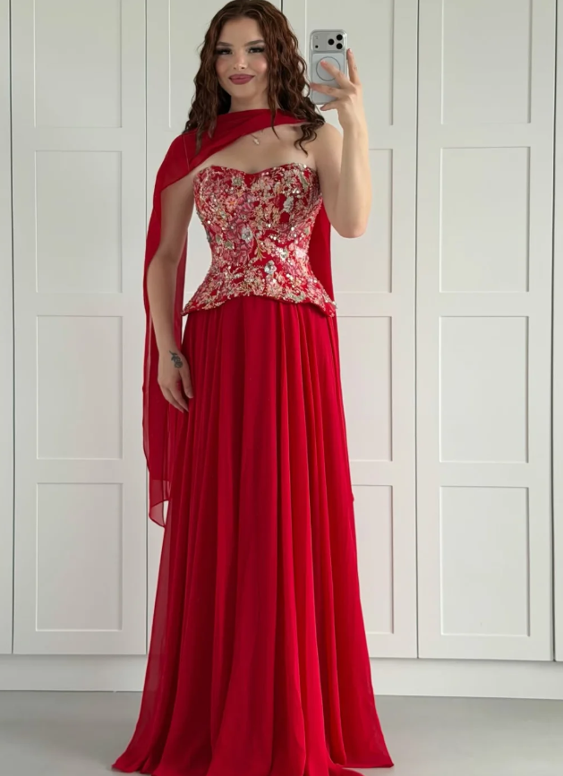 Red A Line Strapless Exquisite Embroidery Chiffon Long Prom Dress Evening Dress SH7292