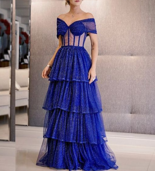 Shiny Off The Shoulder Sweetheart Prom Dress Layered Tulle Long Evening Dress SH759