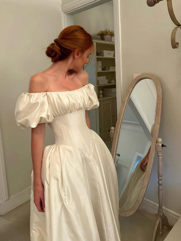 White Simple Elegant A Line Off the Shoulder Satin Long Wedding Dress SH6171