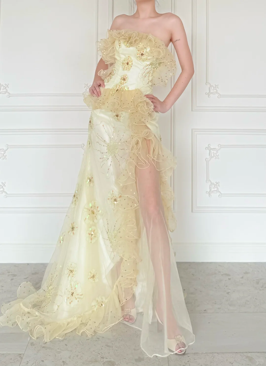 Pretty Mermaid Strapless Shiny Sequin Yellow Organza Slit Prom Dress Evening Dress SH6763