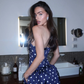 Vintage A Line Strapless White Polka Dot Blue Satin Prom Dress Evening Dress SH4230