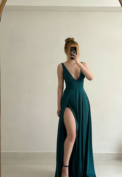 High-class A Line V Neck Green Satin Slit Prom Dress Evening Dress SH6874