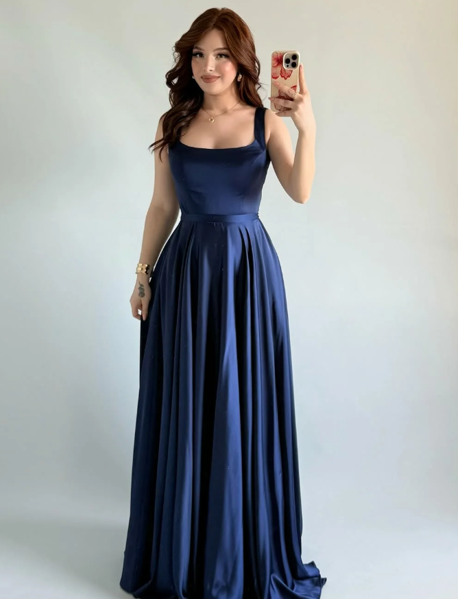 Simple Navy Blue A Line Spaghetti Straps Satin Prom Dress Date Dress SH5548