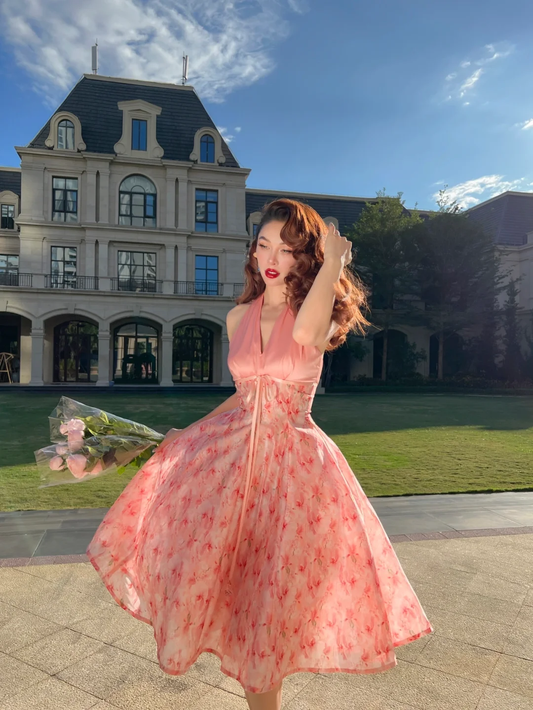 Pink Vintage A Line Halter Print Floral Chiffon Short Homecoming Dress Outfits SH4236