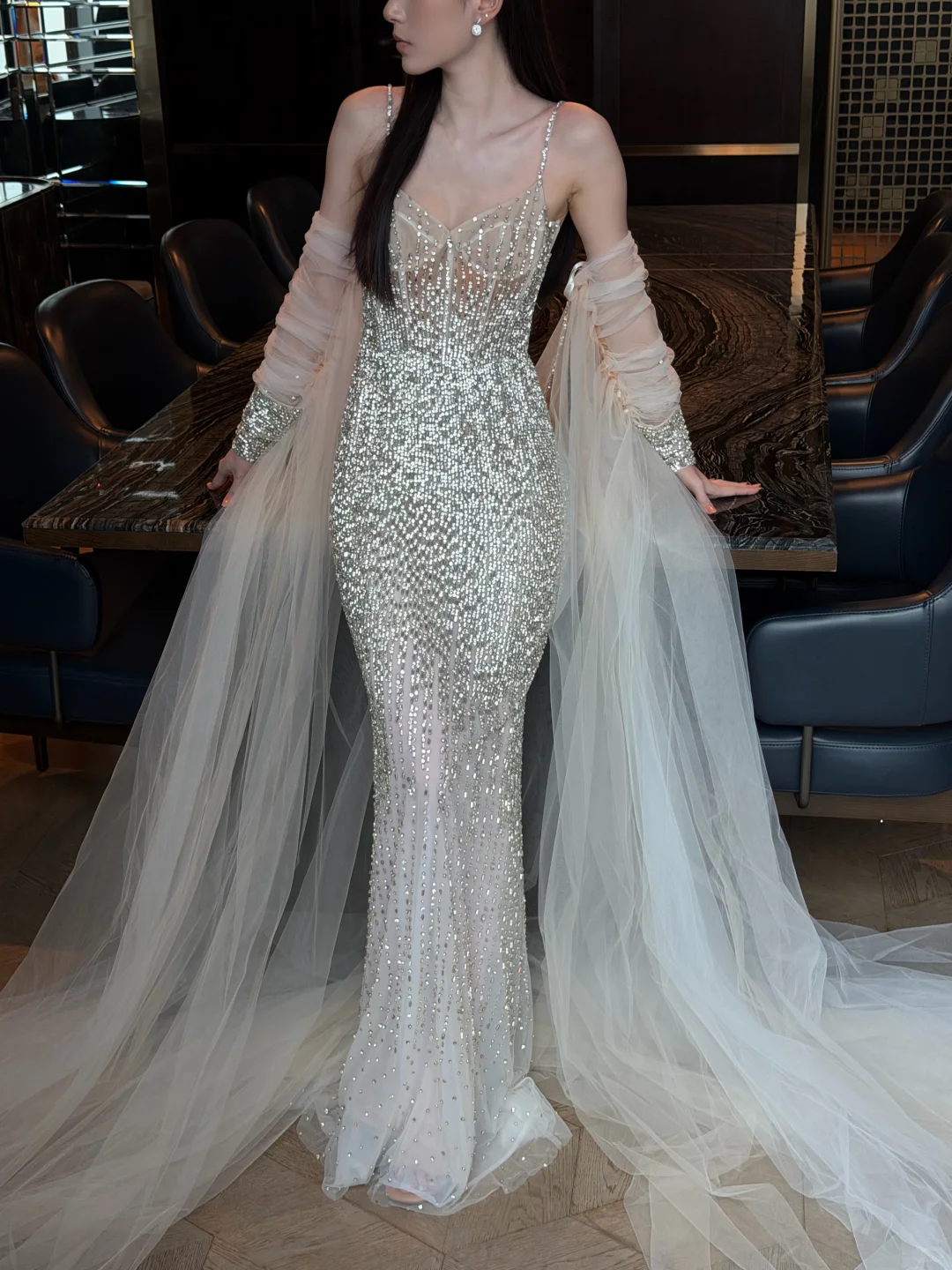 Stunning Sheath Spaghetti Strap Shiny Rhinestone Tulle Prom Dress Evening Dress SH7719