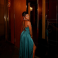 Simple A Line Spaghetti Strap Satin Prom Dress Evening Dress with Slit SH2367
