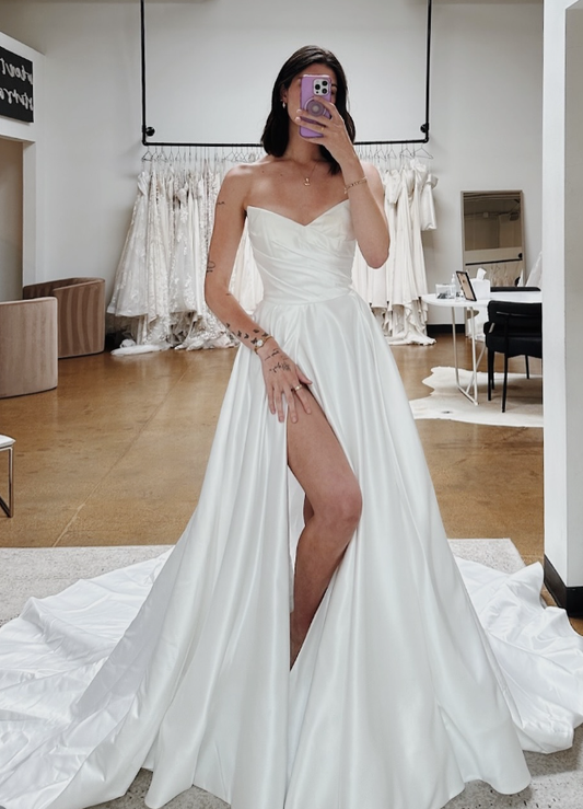 Sexy A Line Sweetheart Neck White Satin Slit Long Wedding Dress SH6037