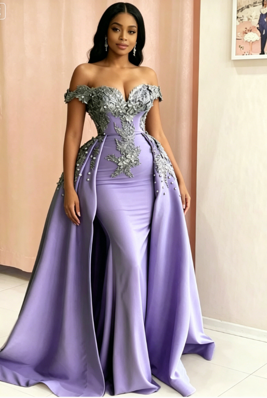 Mermaid Evening Dress Off Shoulder Silver Lace Embroidery Prom Dresses SA692