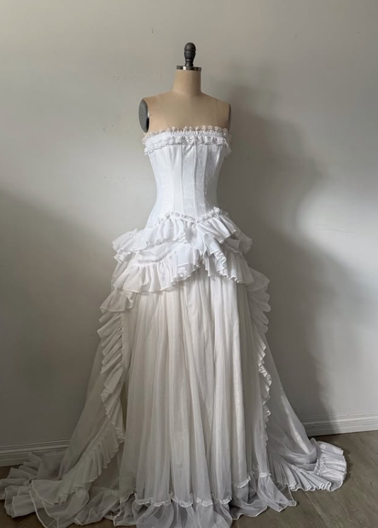 Vintage White A Line Strapless Ruffle Tulle Satin Long Prom Dress Wedding Dress SH7660