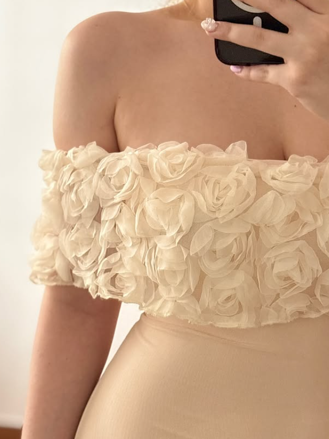Gentle Apricot Mermaid Off the Shoulder 3D Floral Tulle Long Prom Dress Evening Dress SH6870