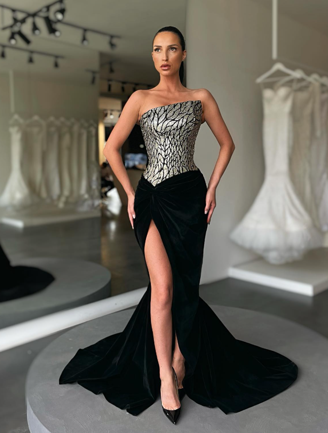 Sexy Black Mermaid Strapless Sequin Velvet Prom Dress Evening Dress SH6130