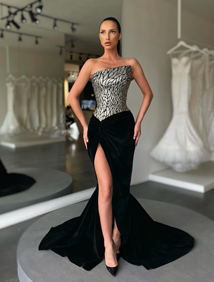 Sexy Black Mermaid Strapless Sequin Velvet Prom Dress Evening Dress SH6130