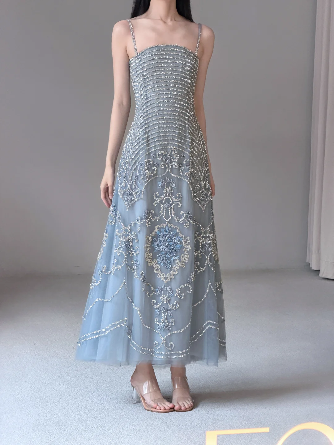 Shiny A Line Spaghetti Strap Exquisite Beaded Blue Tulle Prom Dress Evening Dress SH7716
