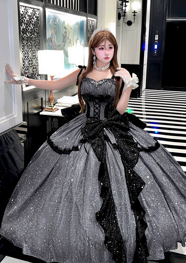 Stunning Black Bow A Line Sequin Lolita Goth Boning Dress Prom Dress SH4912