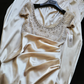 Vintage Champagne A Line Exquisite Pearls Satin Prom Dress Evening Dress SH5132