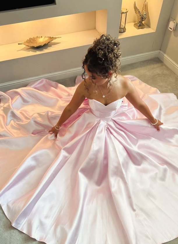 Simple Pink Bow Knot A Line Strapless Satin Prom Dress Birthday Dress SH9031