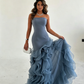 Amazing Dusty Blue Sleeveless Strapless Long Prom Dress with Ruffles SH5461