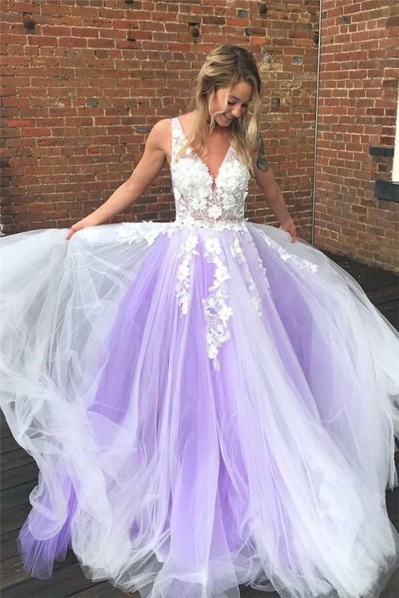 Purple Tulle Appliques V Neck Prom Dresses SH998