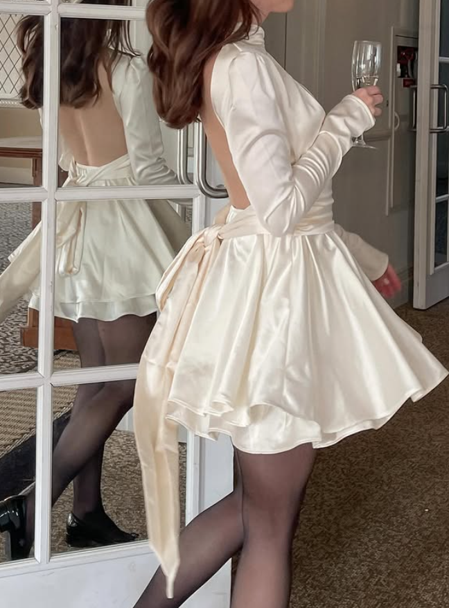 Sexy A Line Long Sleeve V Neck Ivory Satin Oen Back Homecoming Dress Birthday Dress SH4870