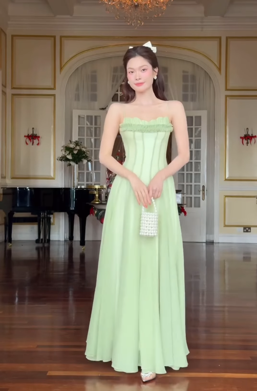 Green A Line Spaghetti Strap Chiffon Long Prom Dress Outfits SH4778