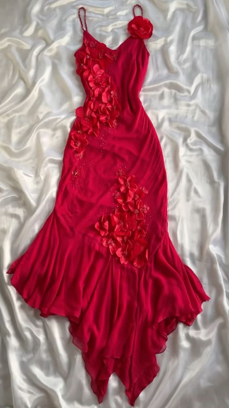 Spaghetti Straps Red Chiffon Applique Mermaid Prom Dress Evening Gown SH1290