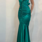 Vintage Mermaid Halter V Neck Green Satin Open Back Long Prom Dress Evening Dress SH2041