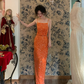 Vintage Orange Sheath Spaghetti Strap Beaded Chiffon Prom Dress 16th Birthday Dress SH4404