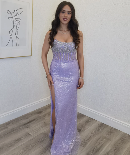 Luxurious Purple Sheath Strapless Corset Beaded Sequin Long Prom Dress Evening Dress SH6636