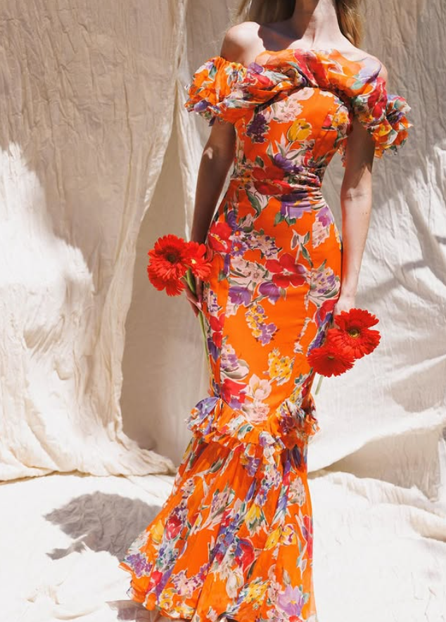 Stunning Orange Print Floral Mermaid Chiffon Prom Dress Vacation Dress SH6260