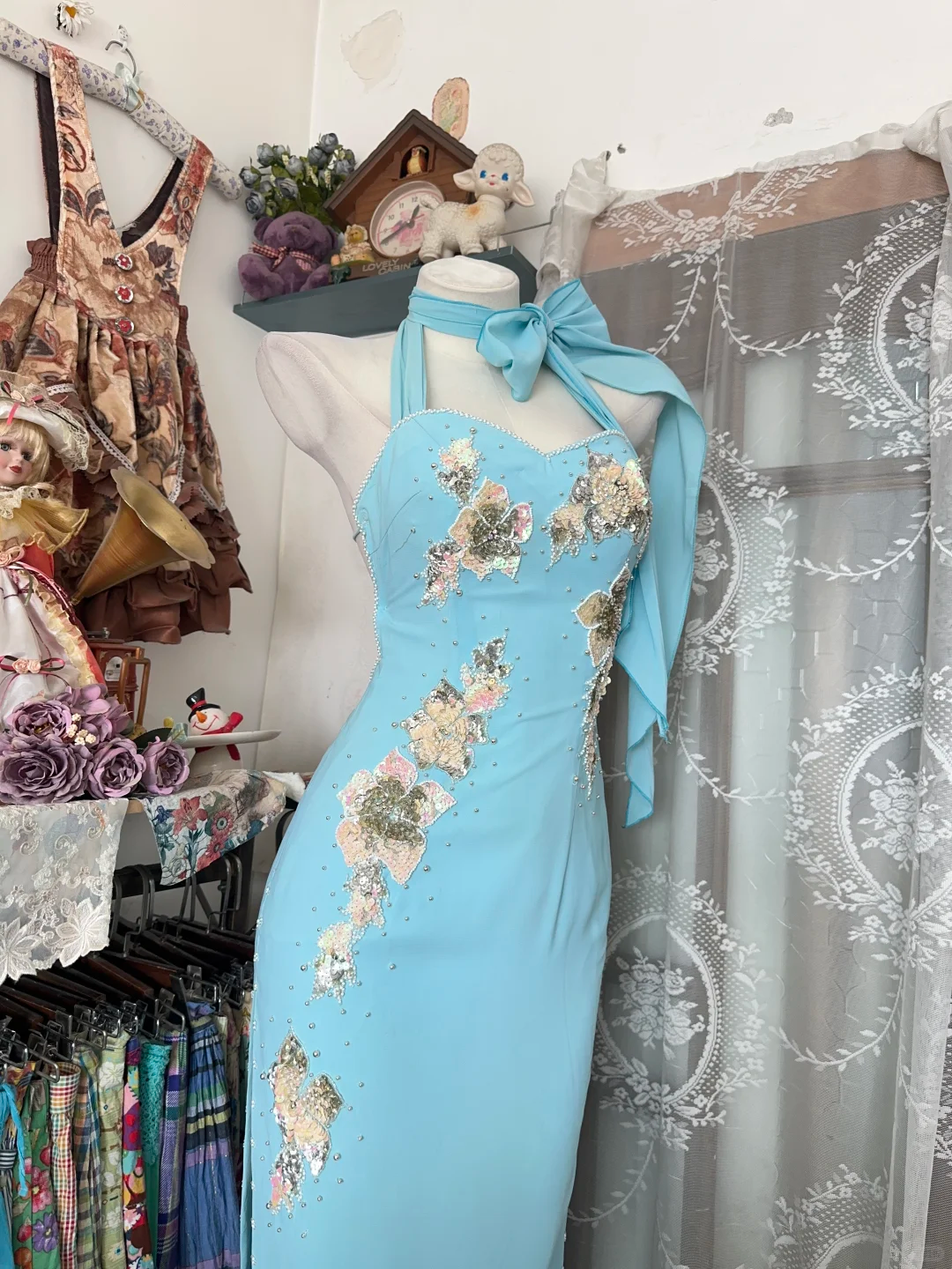 Blue Vintage Sheath Halter Sequin Beaded Chiffon Graduation Prom Dress SH5374