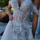 Stunning A Line Off the Shoulder Appliques Beaded White Tulle Wedding Dress SH7133