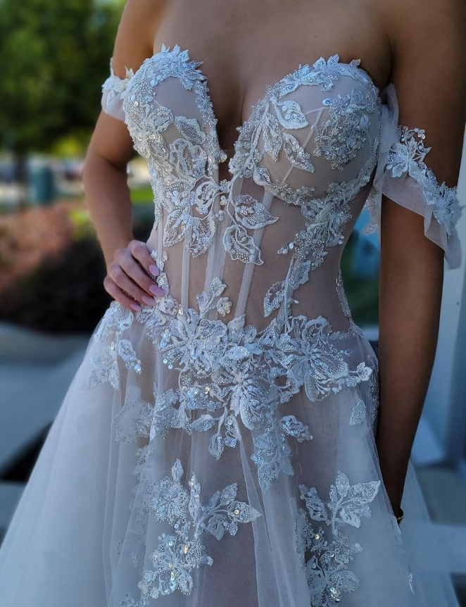 Stunning A Line Off the Shoulder Appliques Beaded White Tulle Wedding Dress SH7133