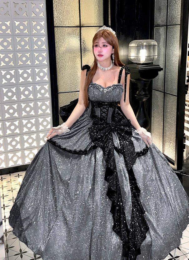 Stunning Black Bow A Line Sequin Lolita Goth Boning Dress Prom Dress SH4912