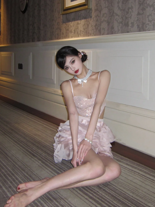 Pink Sequin A Line Spaghetti Strap Layered Organza Short Homecoming Dress Birthday Dress SH3642