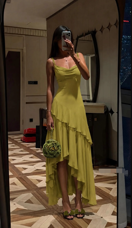 Olive Green A Line Spaghetti Strap Chiffon Long Prom Dress Evening Dress SH8873