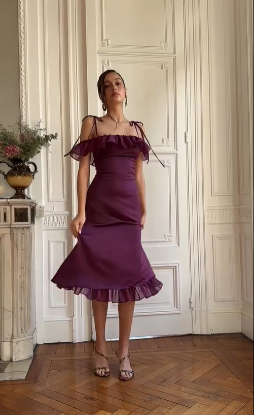 Purple Mermaid Spaghetti Straps Ruffle Chiffon Prom Dress Outfits SH5127