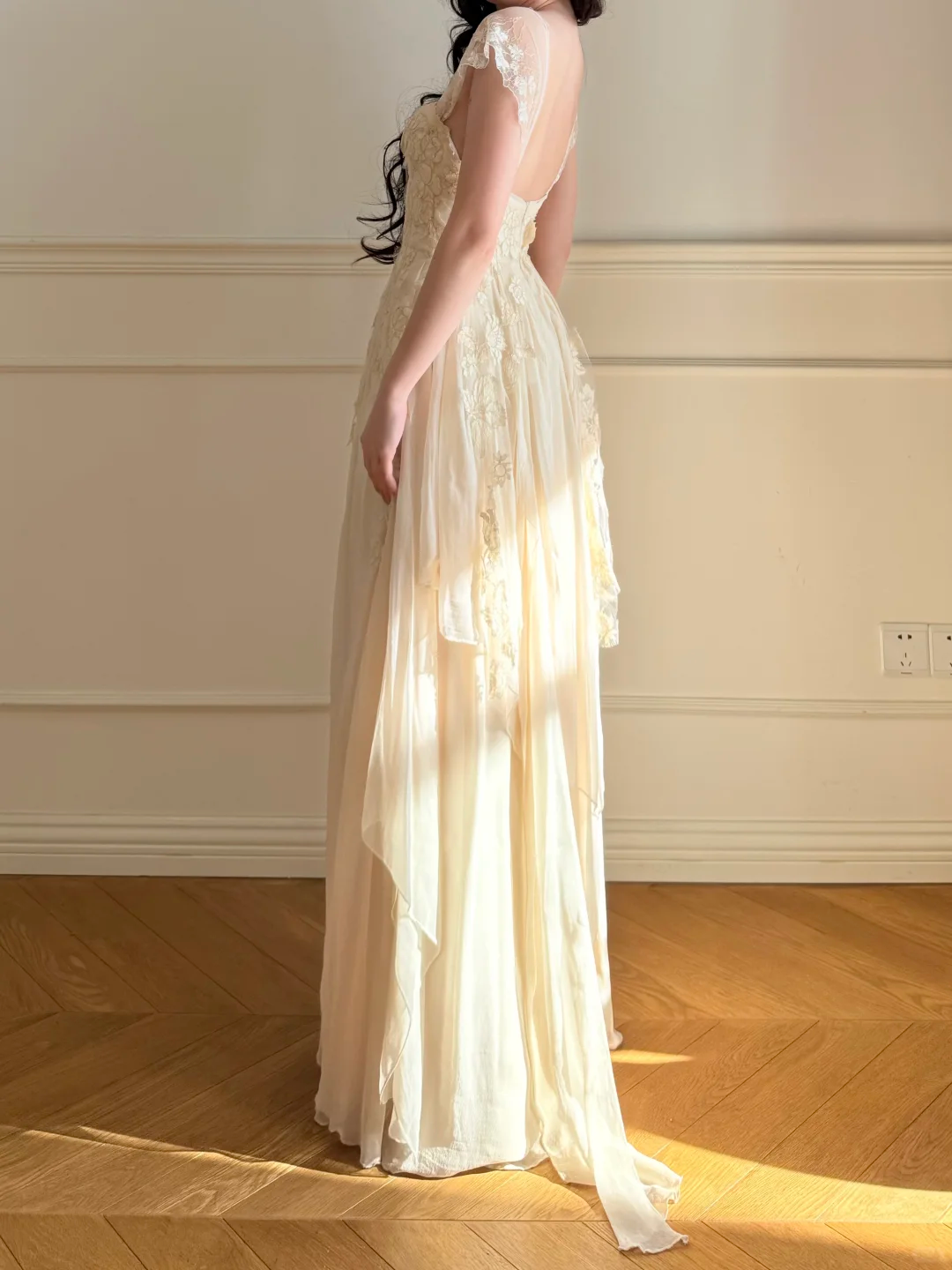 Vintage Sweety A Line Straps Apricot Lace Chiffon Wedding Guest Dress Prom Dress SH5441