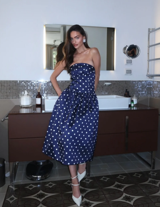 Vintage A Line Strapless White Polka Dot Blue Satin Prom Dress Evening Dress SH4230
