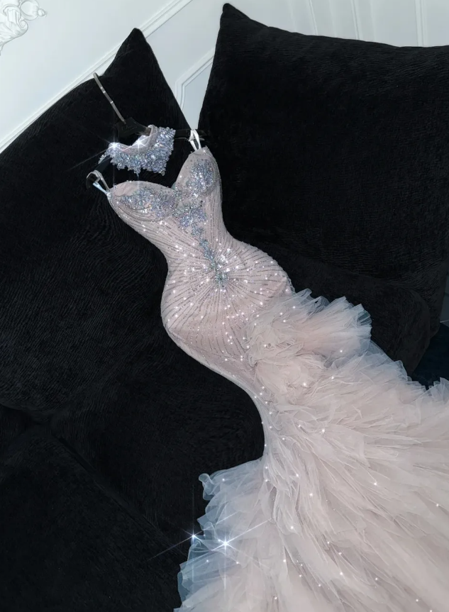 Mermaid Beaded Sweetheart Neck Tulle Long Prom Dress Evening Dress Party Dress SH3615